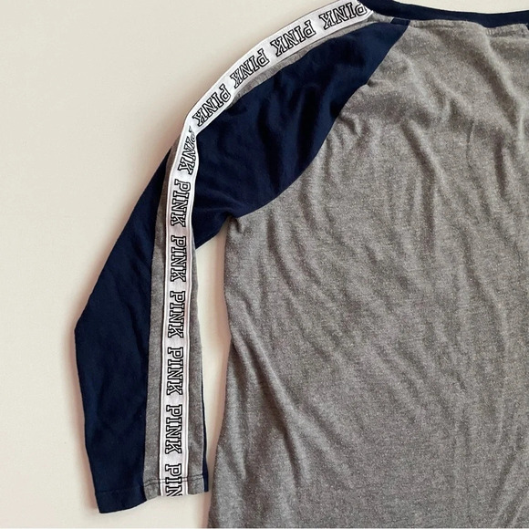 PINK Victoria’s Cotton 3/4 Sleeve Campus Baseball Varsity Gray Navy Blue Shirt - Picture 7 of 11